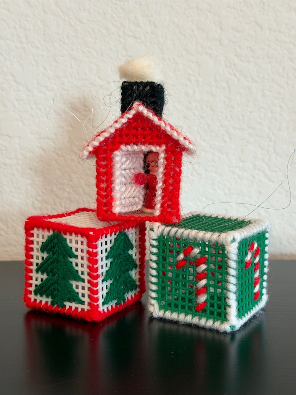 Handmade Holiday Ornament Set - Red, Green & White Needlepoint Cubes and House